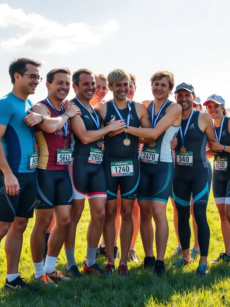 A group of triathletes celebrating together after a race, highlighting the camaraderie and support within the VIGEOIS TRIATHLON community.