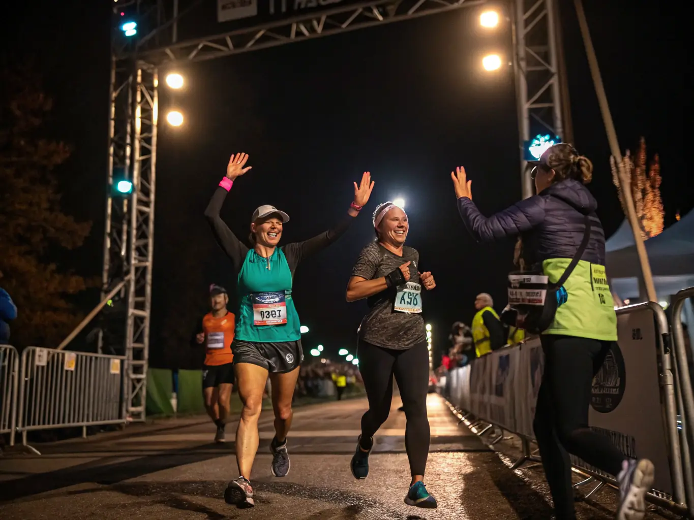 A group of runners crossing the finish line at a VIGEOIS TRIATHLON event, capturing the sense of accomplishment and camaraderie among participants.