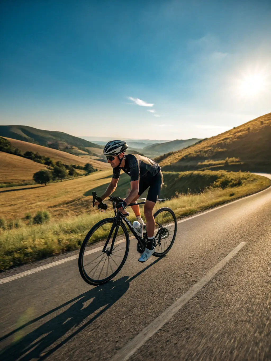 A cyclist speeding down a scenic road during a triathlon, showcasing the thrill and freedom of the sport.