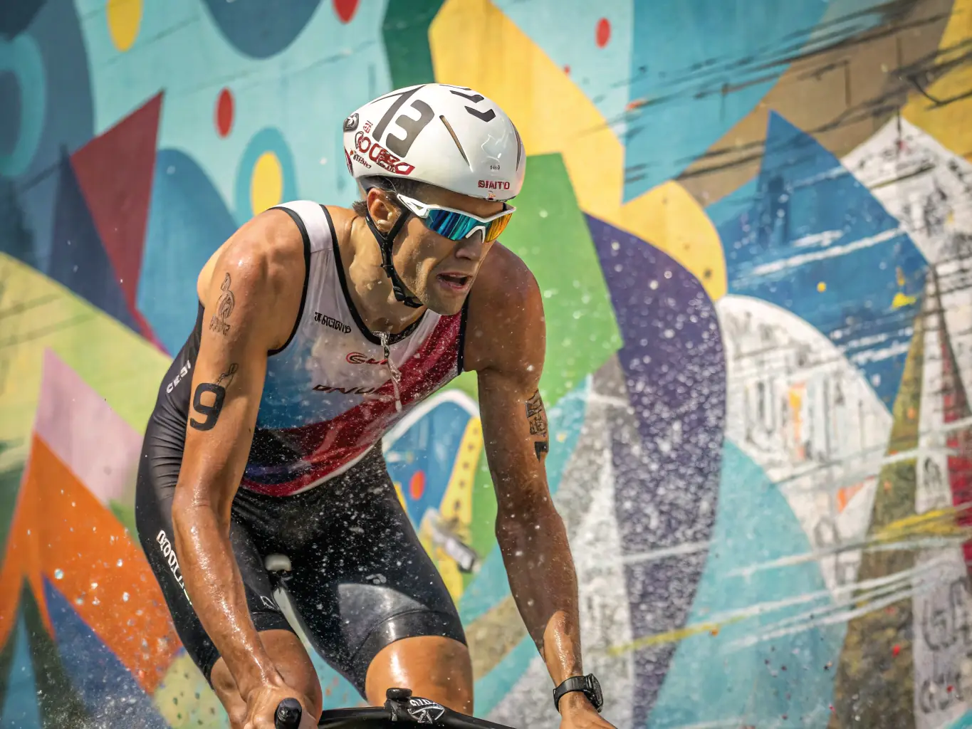 A vibrant image of a group of triathletes participating in a swimming training session in a clear blue lake, emphasizing teamwork and professional guidance.