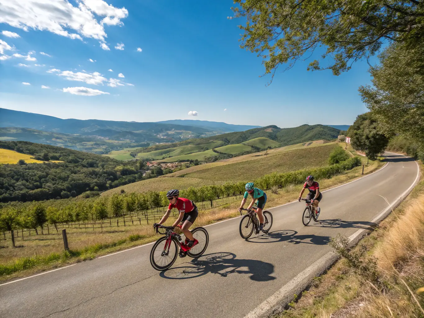 A dynamic shot of cyclists riding through a scenic countryside, showcasing the beauty of the sport and the endurance required.