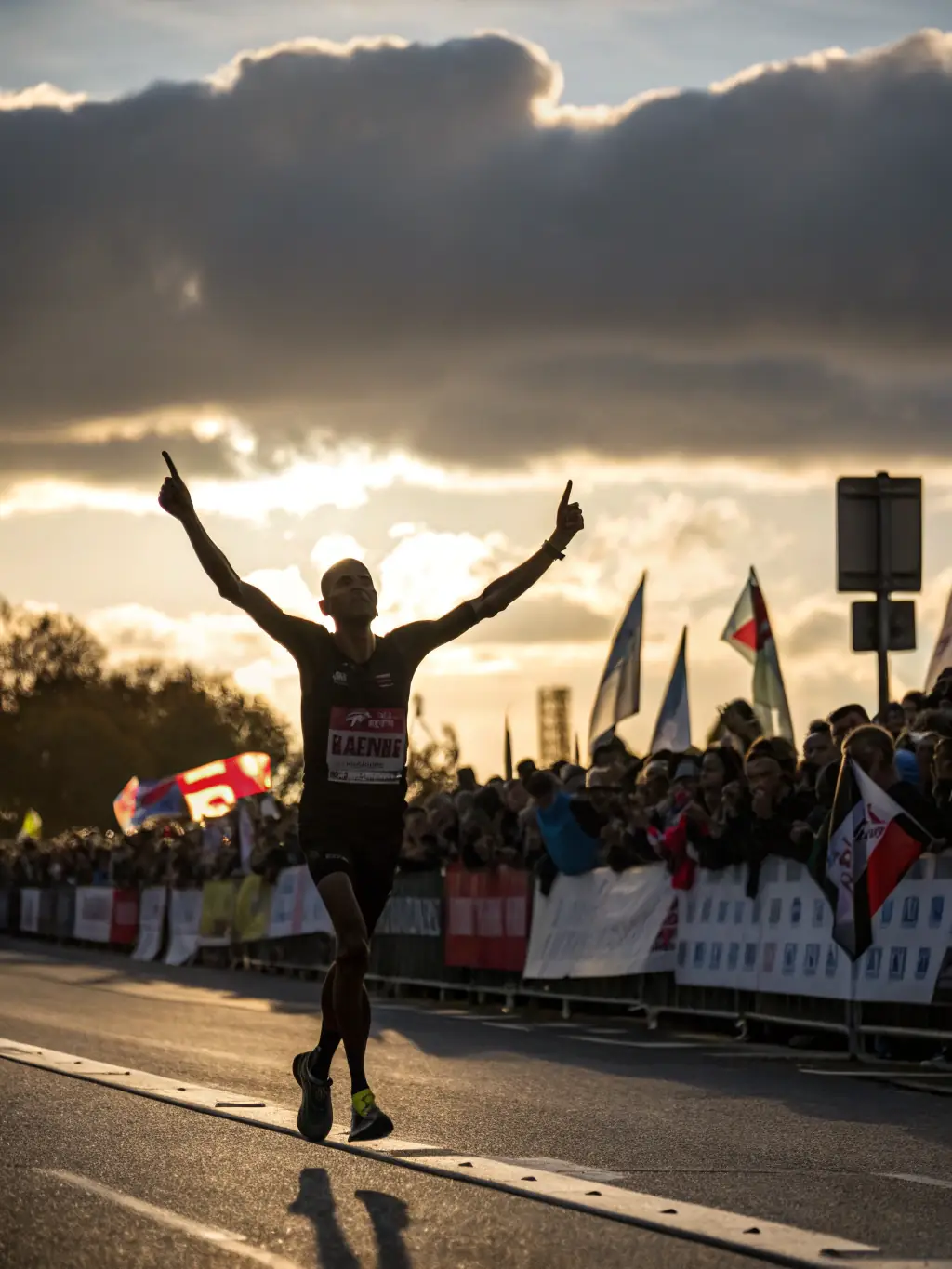 A runner crossing the finish line of a triathlon, displaying the joy and accomplishment of completing the race.