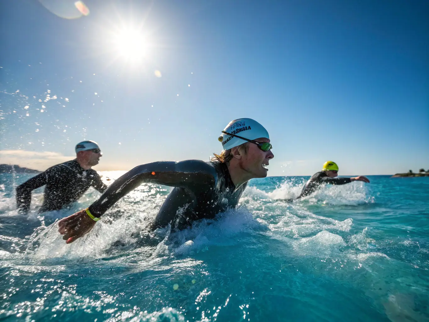 A dynamic shot of triathletes transitioning from swimming to cycling during a VIGEOIS TRIATHLON event, showcasing the energy and excitement of the competition.