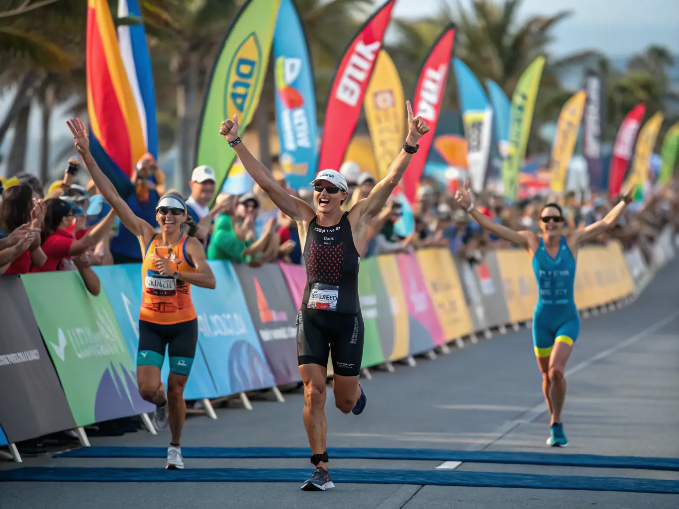 An inspiring image of runners sprinting towards the finish line during a triathlon event, capturing the excitement and competitive spirit.