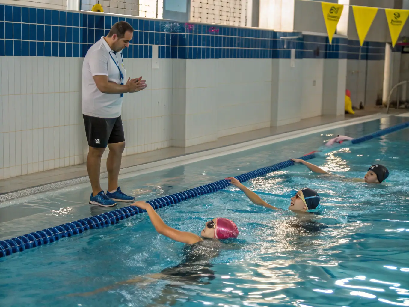 A group of triathletes participating in a swimming training session in a clear blue lake, focusing on their synchronized strokes and breathing techniques, under the guidance of a coach in a boat nearby.