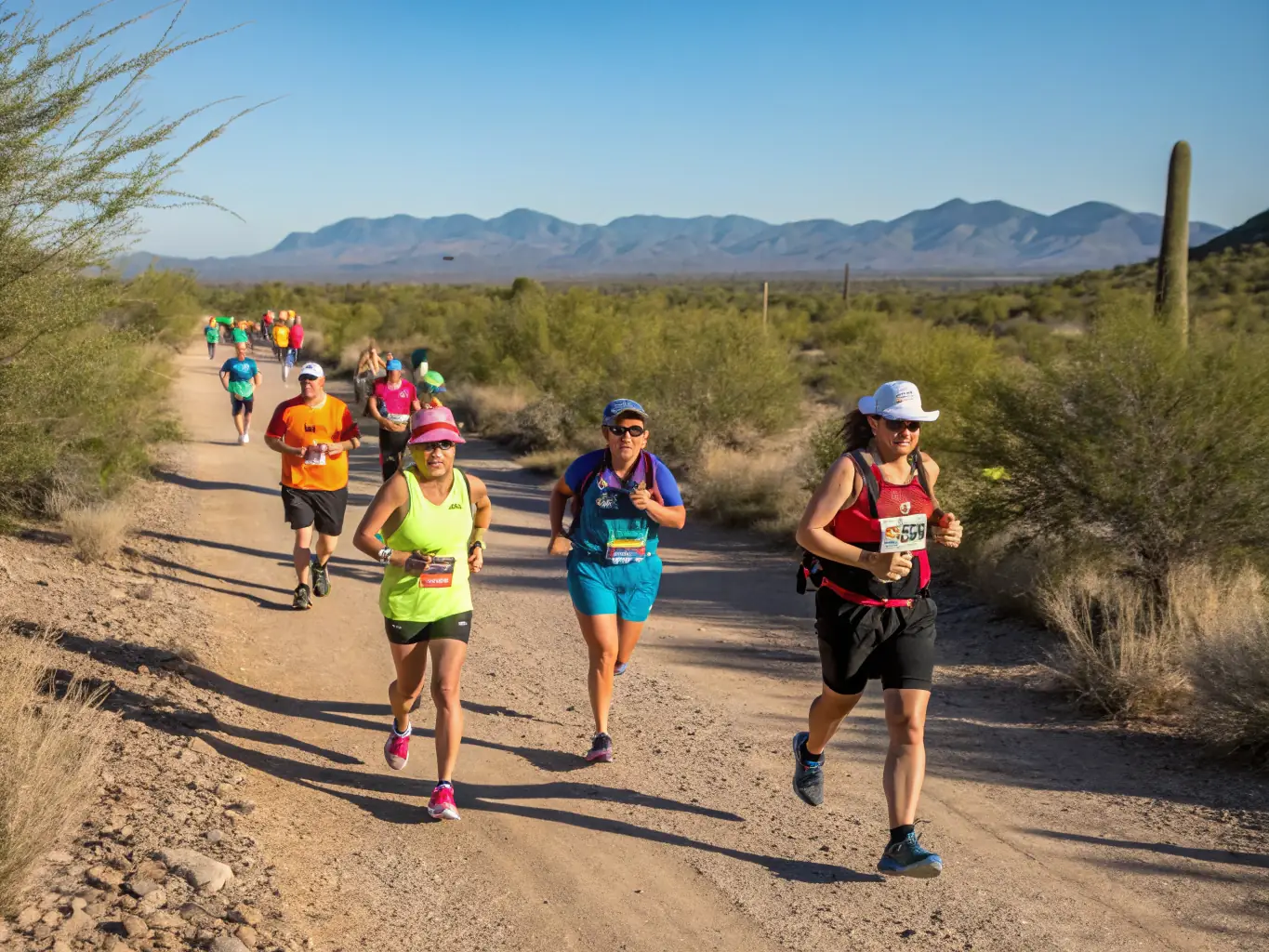 A group of triathletes running together during a triathlon event, showcasing teamwork and community spirit.