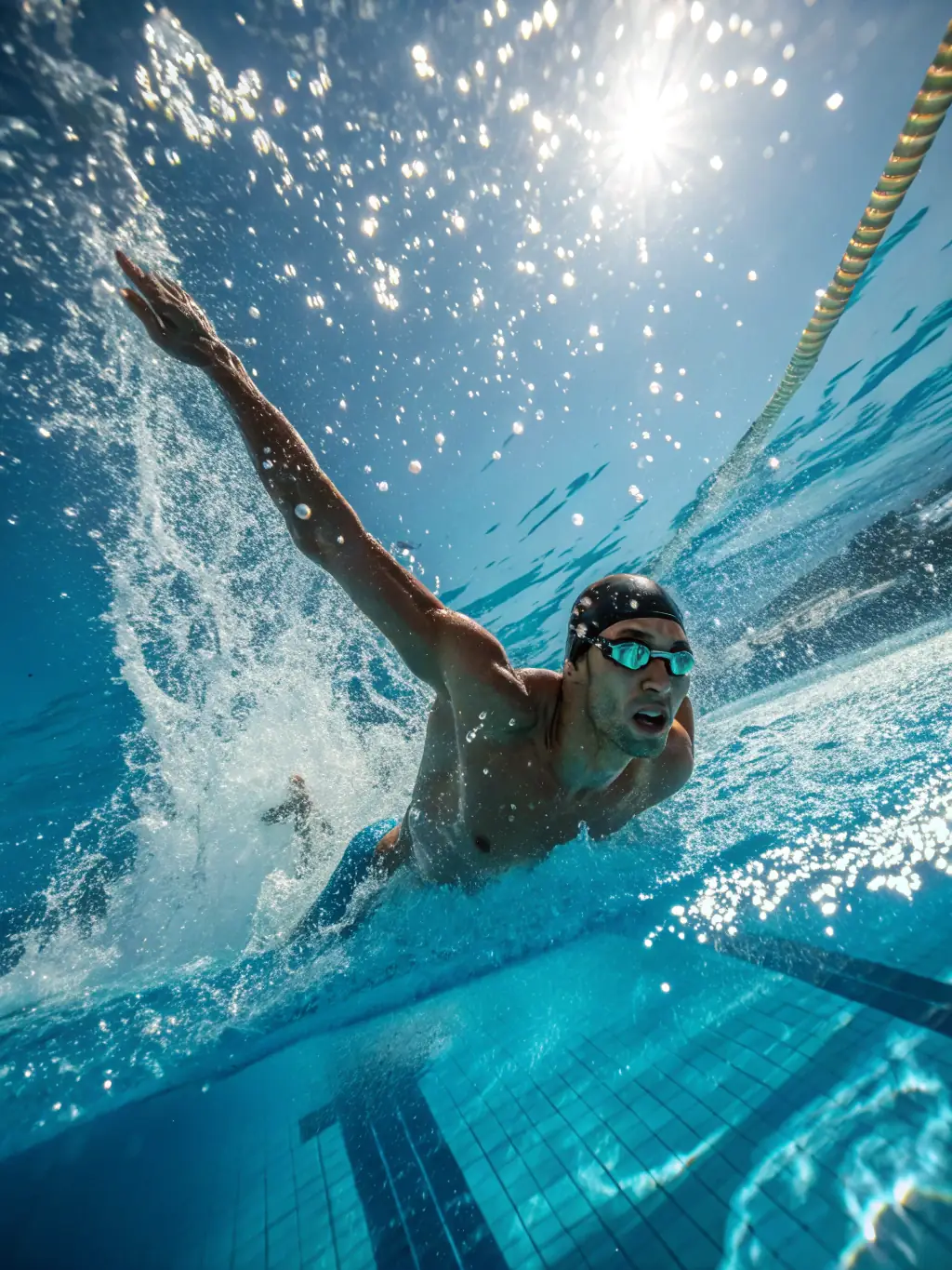 A close-up shot of a swimmer's powerful arm stroke during a triathlon, emphasizing strength and determination.