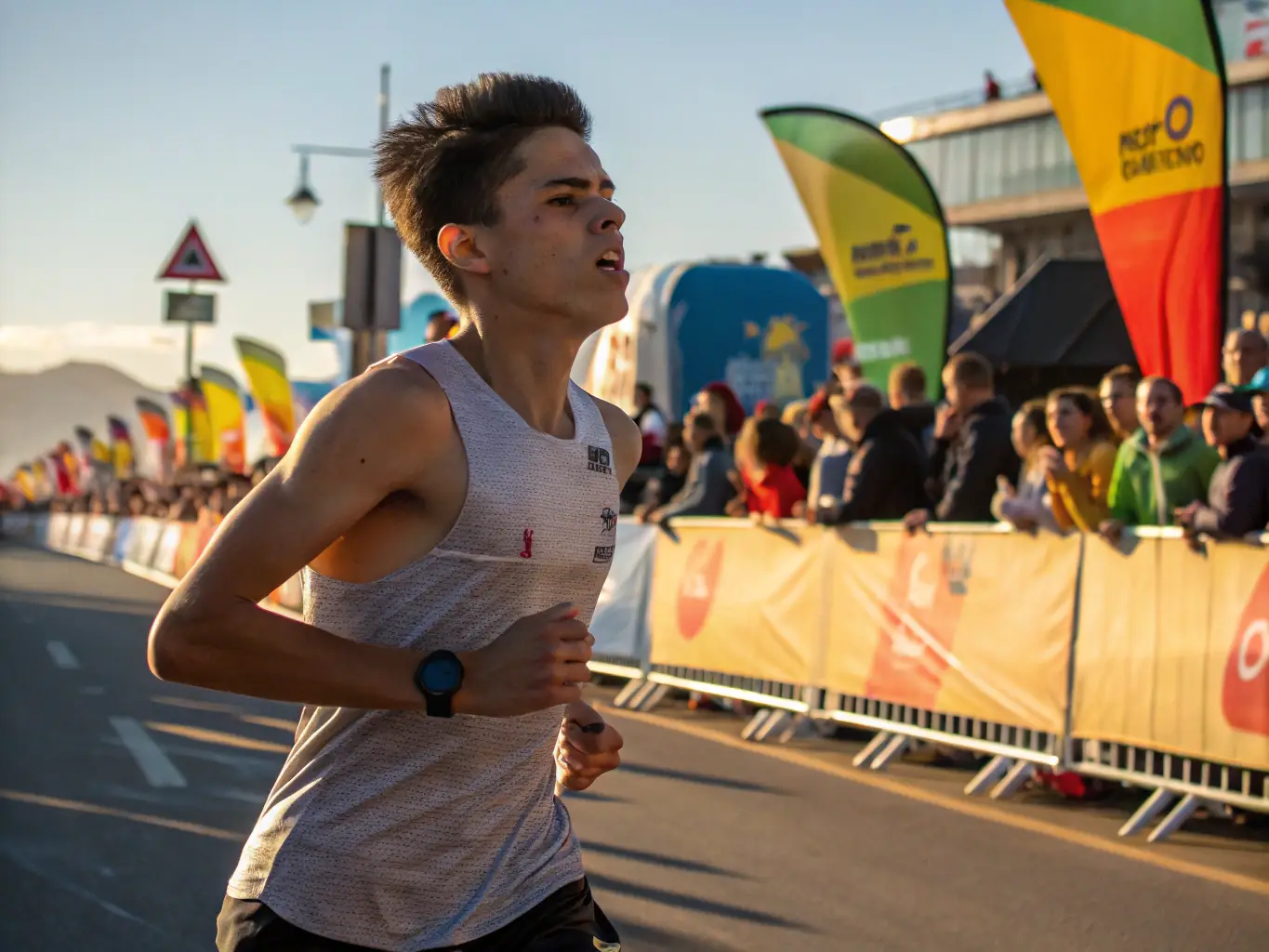 A determined runner sprinting towards the finish line during a triathlon competition, capturing the intensity and excitement of the race, with spectators cheering in the background.